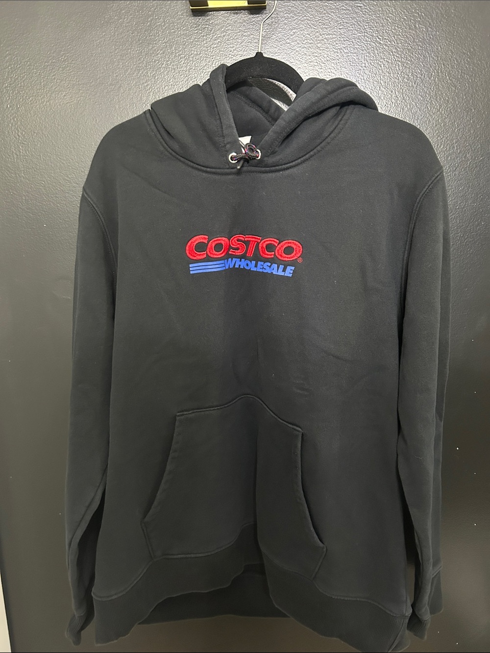 Kirkland Signature Black Hoodie Sweatshirt with Red and Blue Costco Logo